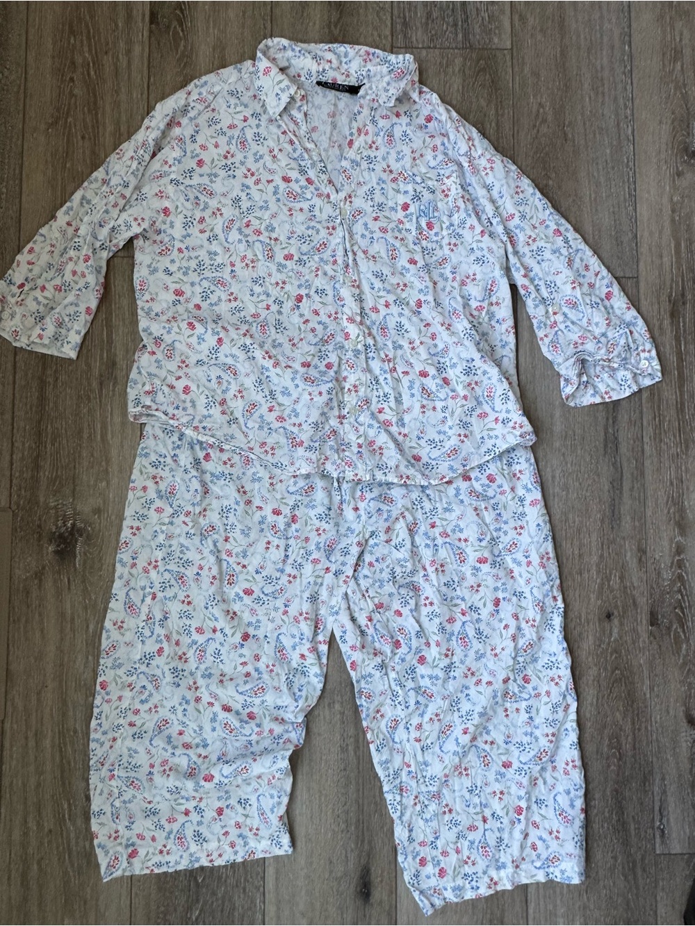 Lauren Ralph Lauren Pajama Set XL Floral Crop Pants Embroidered LRL Logo